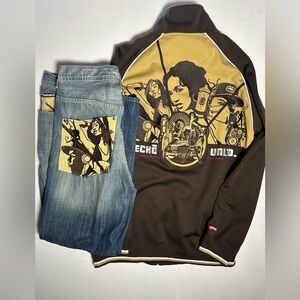 Y2K Ecko Unltd Graphic Track Jacket & Baggy Jeans Set Mens 34 Streetwear Hip Hop